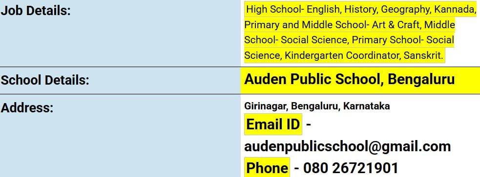 School Jobs at  Auden Public School ,  Bengaluru (Bangalore) Urban